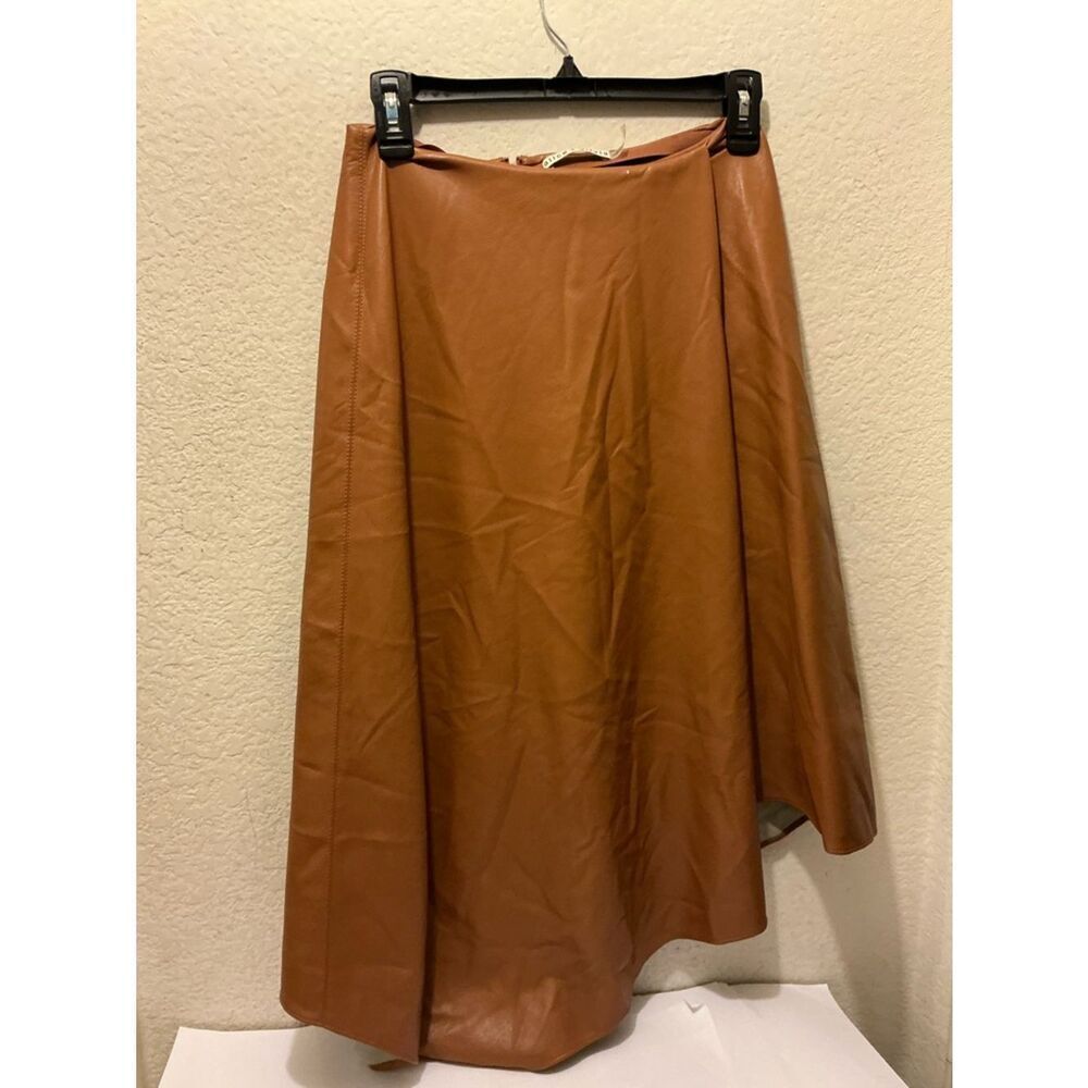 Alice + Olivia Cognac A-Line asymmetrical faux Leather Skirt